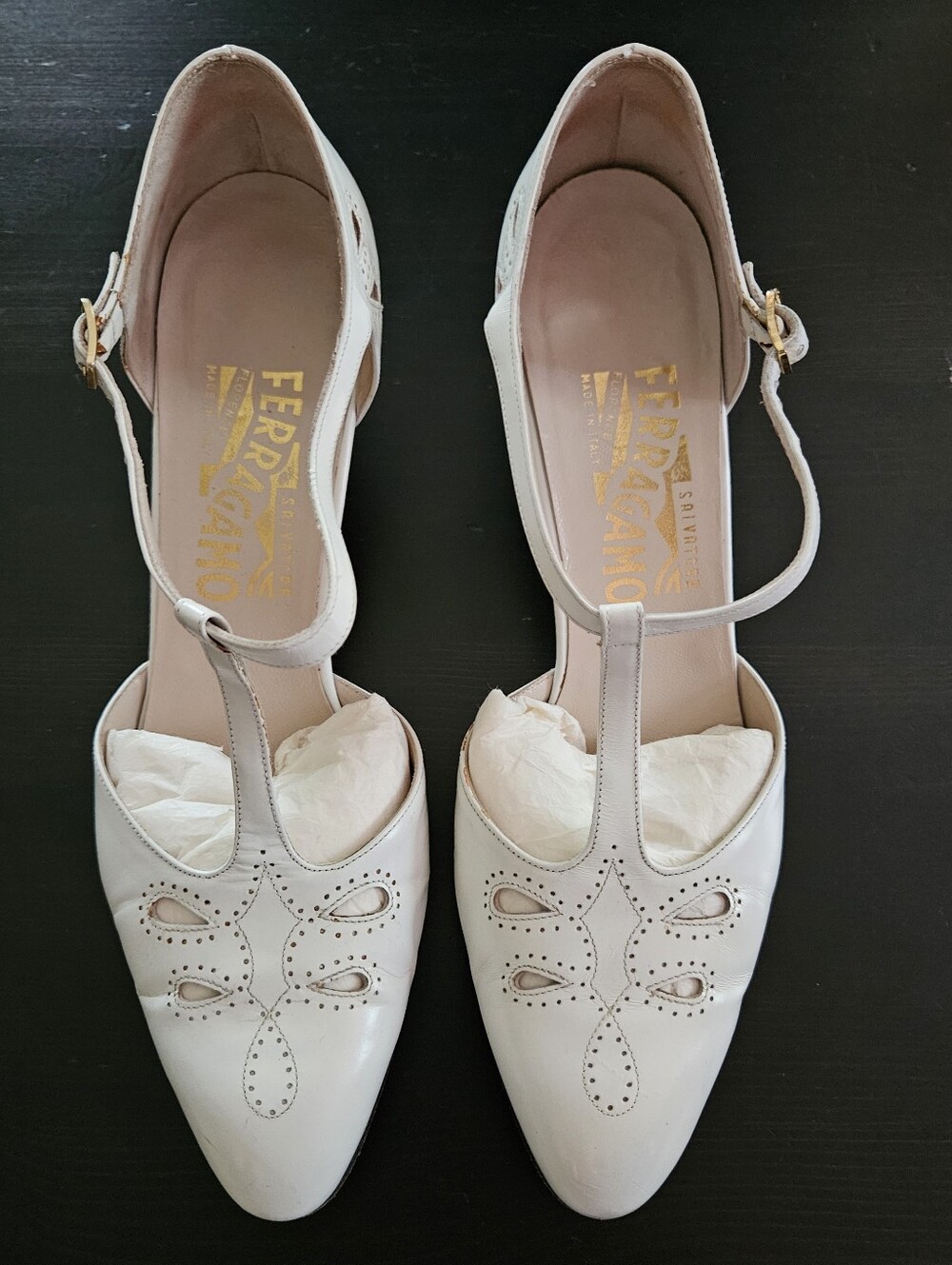 Vintage Salvatore Ferragamo White Leather T-Strap Pointed Toe Heels